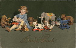Little Girl with Pull Toys, Rabbits, Duck, and Teddy Bear Postcard