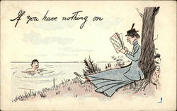 If You Have Nothing On - Woman reads near man swimming in lake Postcard