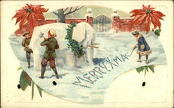 People Making Snow Sculpture and Writing in Snow Winter Christmas Postcard Postcard Postcard