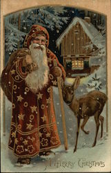 A Merry Christmas - Old Fashioned Santa and Deer Santa Claus Postcard Postcard Postcard