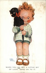 Black Cat Being Held by a Boy by the Tail Postcard