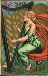 "God Save Old Ireland" - Lady Playing Harp Irish Postcard Postcard Postcard