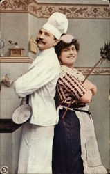 Chef and Maid Couple Back to Back in Kitchen Couples Postcard Postcard Postcard