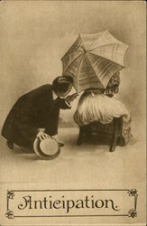 Woman hiding under umbrella, man peeking under Postcard
