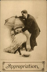 Woman Hiding Under Parasol Man With Hand on her Waist Postcard