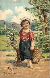 Easter Greetings Boy in Overalls with Basket of Eggs Postcard
