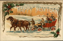 Horse Pulling Automobile through the Snow, Passengers Waving Postcard