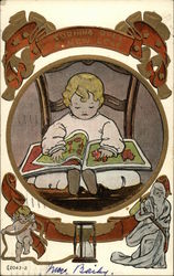 Seated Child Reading Book with Cherub, Father Time and Hourglass Postcard