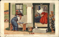 Breakfast-Time: 7 a.m.- Boy Washing Face, Girl Cooking, Cat on Step Postcard