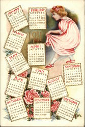 Young girl standing among pages from a calendar. Postcard