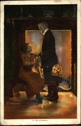Woman and Man Hold Hands in the Dark in Front of a Fireplace Postcard