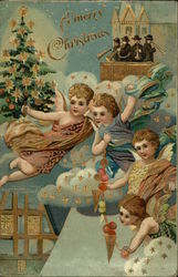 Angels with Garland and Christmas Tree, Men Playing Horns Postcard Postcard Postcard