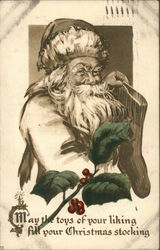 B&W Santa Holding Sock with Colored Holly Postcard