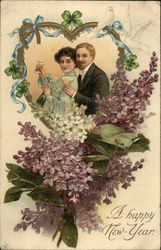 A Happy New Year Couple in Heart Portrait with Flowers Postcard