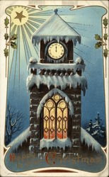 Happy be your Christmas - Building with Clock and Snow. Postcard Postcard Postcard