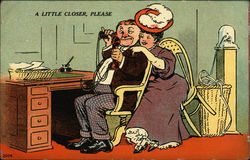 Man on Phone with Woman Embracing Postcard