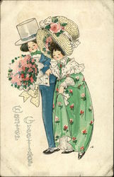 Couple with Flowers and very large hats Postcard Postcard Postcard