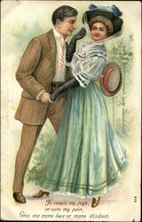 Couple Man Holding One Hand and Other Arm Around Woman in Dress Postcard