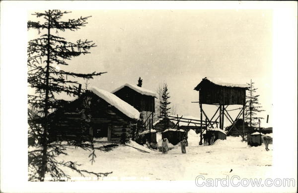 Dogs by a Snow Covered Cabin