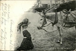 Girl Trying to Talk to Mule on Beach Postcard