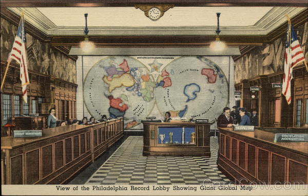 View of the Philadelphia Record Lobby Showing Giant Global Map Pennsylvania