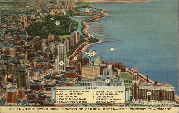 Aerial view showing ideal location of Seneca Hotel Chicago Illinois