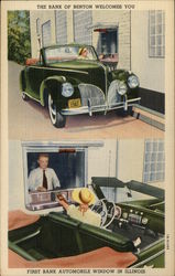 First Bank Automobile Window in Illinois - 1941 Lincoln Convertible Benton, IL Postcard Postcard