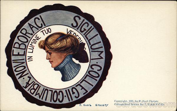 Columbia University College Girl and School Seal F. Earl Christy