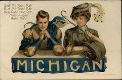 University of Michigan College Girl and Football Player Postcard