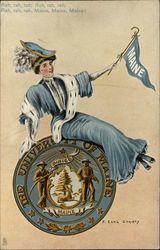 University of Maine Girl with Flag and Seal College Girls Postcard Postcard Postcard