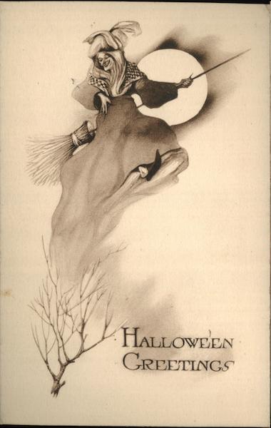 Witch Flying at Full Moon Halloween
