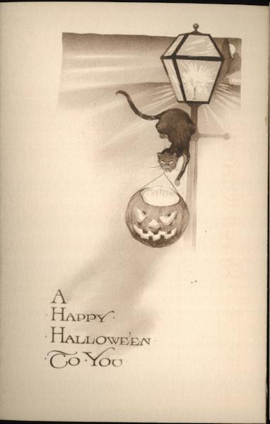 Cat climbs down from lamppost with JOL in tow. Halloween