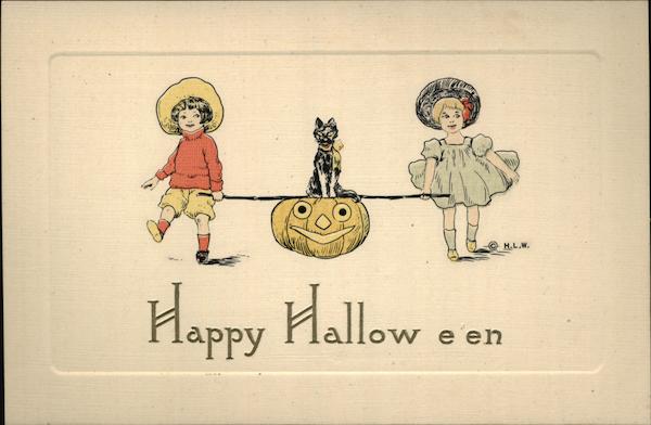 Two Children Carrying Jack O'Lantern and Black Cat