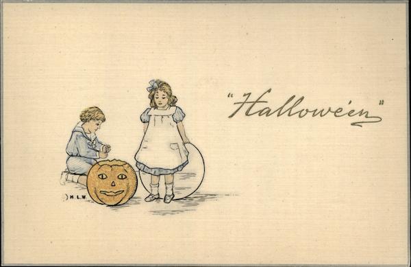 Two Children Playing With Jack O'Lantern Halloween
