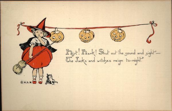 Young Witch in Red and Strung Jack O'Lanterns Halloween