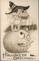 Girl Feeding Cider to Jack O'Lantern Postcard