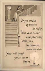 Girl Descending Stairs Backwards Holding Mirror Postcard