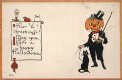 Jack o lantern wearing tuxedo hold his cat on a leash. Postcard