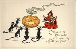 Witch Lecturing Black Cats Around Jack O'Lantern Postcard