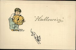 Boy Scaring Dog with Jack O'Lantern Postcard