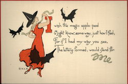 Witch Dressed in Red With Flying Bats Postcard