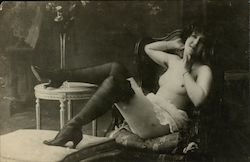 French? Nude Woman Reclining in Chair Lingerie, Stockings, High Heels Original Photograph