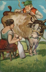 Farmers Milking Cow Novelty Mechanical Squeaker Postcard