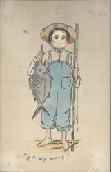 Novelty Button Face Boy with Fish "All My Work" Postcard