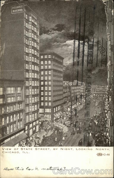 View of State Street by night, looking north Chicago Illinois