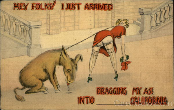 Illustration - Woman Dragging Donkey with Undergarments Exposed, Bawdy California