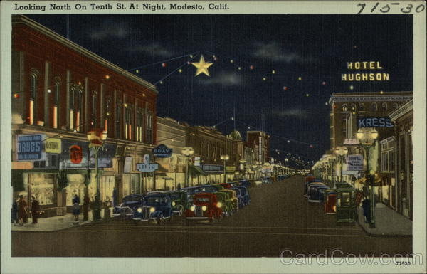 Looking North on Tenth St. At Night Modesto California