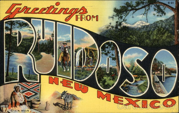 Greetings From, Images of Town in Letters and Background Ruidoso New Mexico