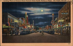 Looking West on Fremont Street toward Union Pacific Station at Night Postcard