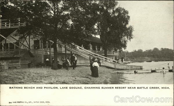 Bathing Beach and Pavilion, Lake Goguac, Charming Summer Resort Battle Creek Michigan